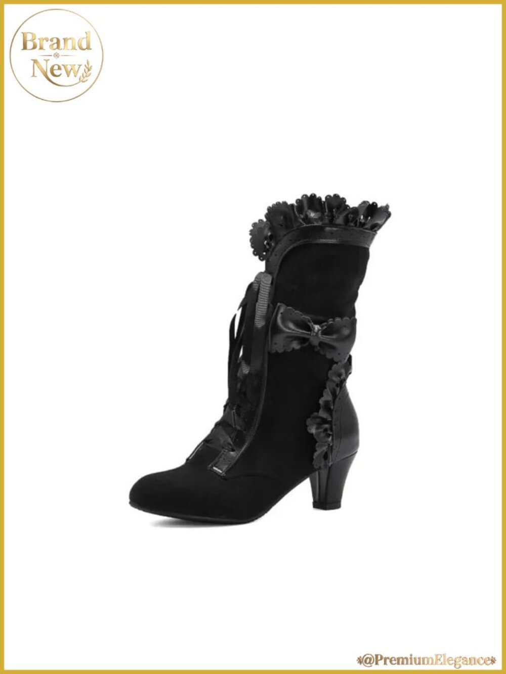 Victorian Lace Up Mid-Calf Boots Faux Suede Chunky Heel Cosplay